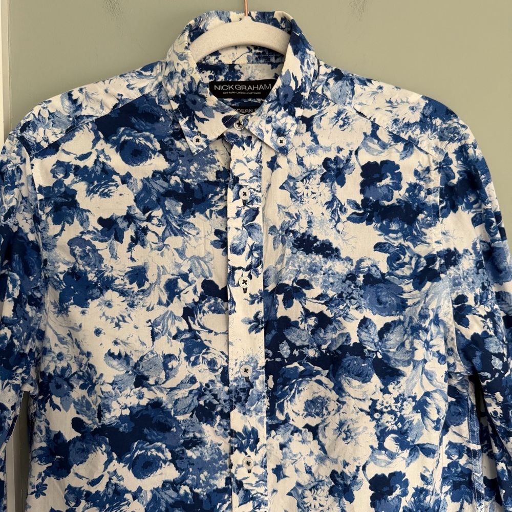 Nick Graham 100% Cotton Modern Fit Blue White Floral Men's Button Down Shirt - Picture 5 of 14